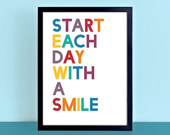 Positive Prints | Start Each Day With A Smile | Childrens Room Decor Rainbow Colours | Motivational Quote Poster For Kids | SEP0212