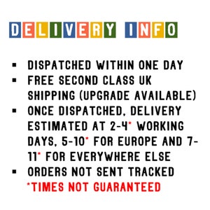 May include: A white background with the words "DELIVERY INFO" in colourful block letters. Below, bullet points detail shipping information, including dispatch times, shipping class, and estimated delivery times for various regions. The text "TIMES NOT GUARANTEED" is in red.