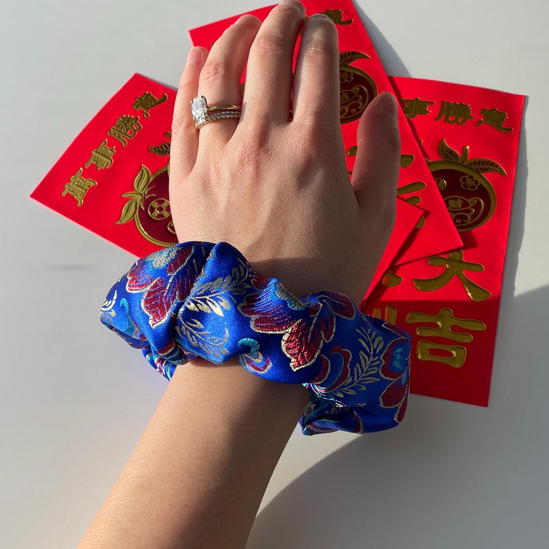 Scrunchie - CHINESE NEW YEAR Scrunchies - Lunar New Year Scrunchies - Scrunchies Canada - Blue/ Gold  - Oriental Scrunchies - Japanese