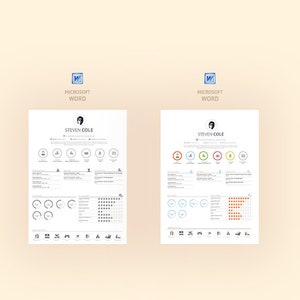 May include: A resume template designed in Microsoft Word with a colorful infographic style. The template features a profile picture, skills, experience, and interests. The name "Steven Cole" is at the top of the resume.