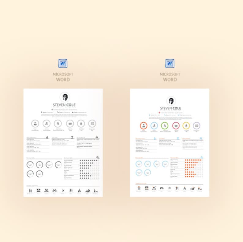 May include: A resume template designed in Microsoft Word with a colorful infographic style. The template features a profile picture, skills, experience, and interests. The name "Steven Cole" is at the top of the resume.