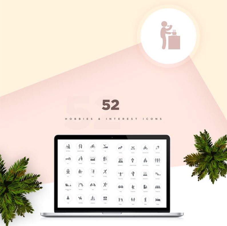 May include: A laptop computer screen displaying 52 black and white icons representing hobbies and interests. The icons are arranged in a grid pattern on a white background. The text "52 HOBBIES & INTEREST ICONS" is displayed above the icons.