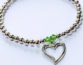 Silver Peridot Beaded Bracelet, Heart Charm Stretch Stacking Bracelet, Gift For Friend, Mum, Daughter