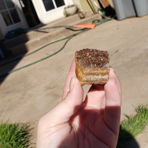May include: A close-up of a layered brown and white crystal with a rough texture. The crystal is being held in a hand.