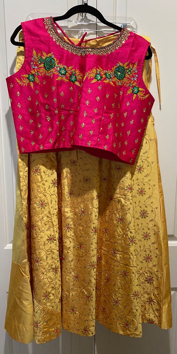 Yellow Pink Semi Silk Lehenga Choli, Crop Top, Festive Wear - Main Image