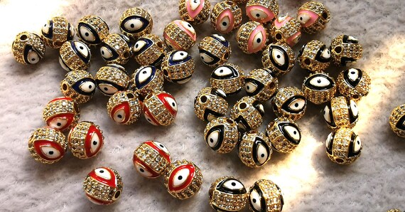 6 Pcs Red Pink Black Cz Pave Football Sport Bead Evil Eye Spacer