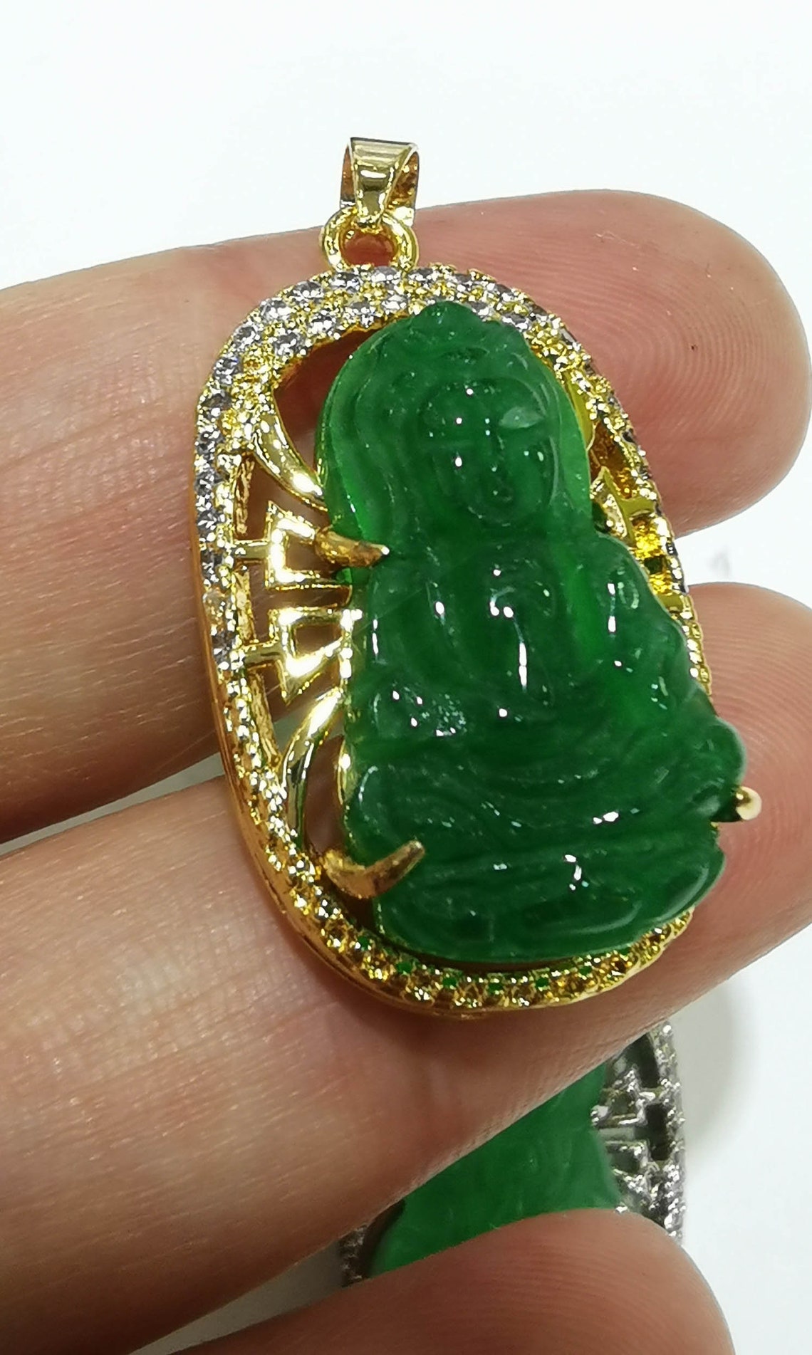 Large Real Green Jade Jadeite Jewelry Thai Buddha Guan Yin 18k Etsy