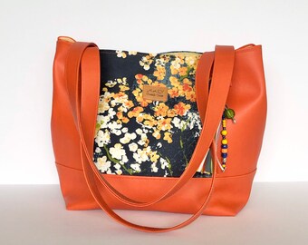 Orange vegan leather tote bag. Beach bag. Summer bag. Boho bag. Everyday bag.