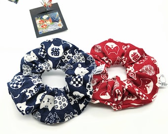 Japanese Cotton Hair Scrunchies,　猫 Cat Scrunchies, Neco, Cat Hair Accessories, Japanese Fabric, Cat Hair Ties, Handmade in UK