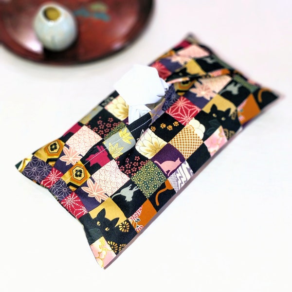 Limité !! Housse de boîte de mouchoirs en papier chat rétro japonaise, 2 voies, housse de mouchoirs suspendue, housse de mouchoirs en papier pour chat, 100 % coton, kimono, Japandi, décoration d'intérieur