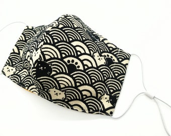 Japanese Wave with Cats, 4 Layers, 100% Cotton, Nose Wire & Filter Pocket, Candle Test Passed! Great for Glasses Wearers!