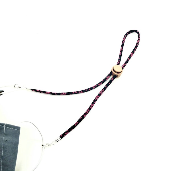 Japanese Face Mask Lanyard, Navy Colour 桜 Cherry blossom, Mask Neck Strap, Japanese Kimono Fabric, , Decorative, Handmade in UK, Adjustable,