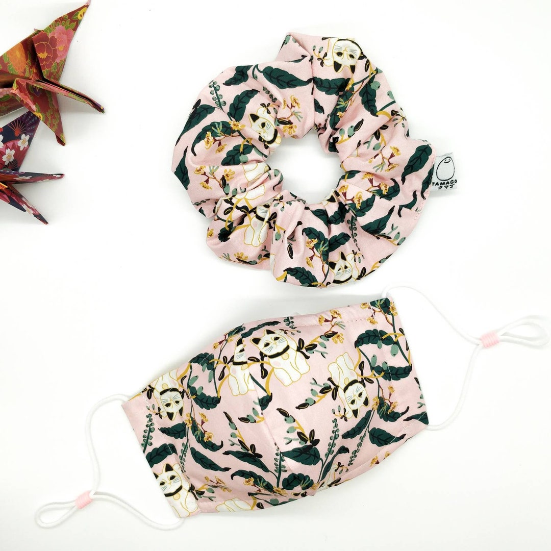 Japanese Cotton Hair Scrunchie, Lucky Cat, 招き猫 Cat Scrunchies, Neco, Cat Hair Accessories