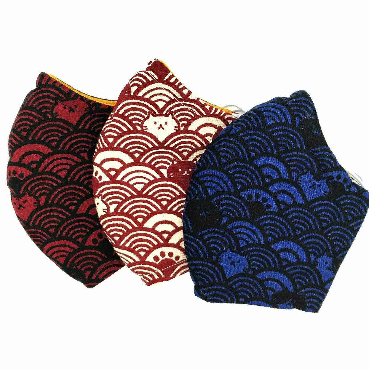 Japanese Wave with Cats, 4 Layers, 100% Cotton, Nose Wire & Filter Po…