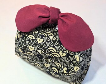Japanese Bento\ Wave with cat, Lunch bag, Eco-friendly, Reusable Bag, Optional Insulated Lining, Insulated Lunch Bag, Gift idea