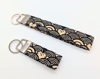 Japanese Wave Cat Key Fob, Soft Touch Fabric Wristlet Keychain with Strong Ring for keys, Japanese Kimono Fabric, Gift, Handmade in UK