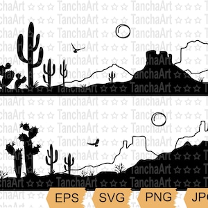 Westelijke woestijnlandschap SVG Arizona woestijn SVG cactussen silhouet SVG woestijn clipart afdrukbare vector gesneden bestand voor Cricut digitale bestanden