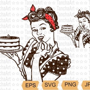 Retro Woman Chef Pin Up Woman con piatto torta dolce SVG file di taglio stampabile per Cricut PNG Pin Up casalinga cuochi file digitale per la stampa