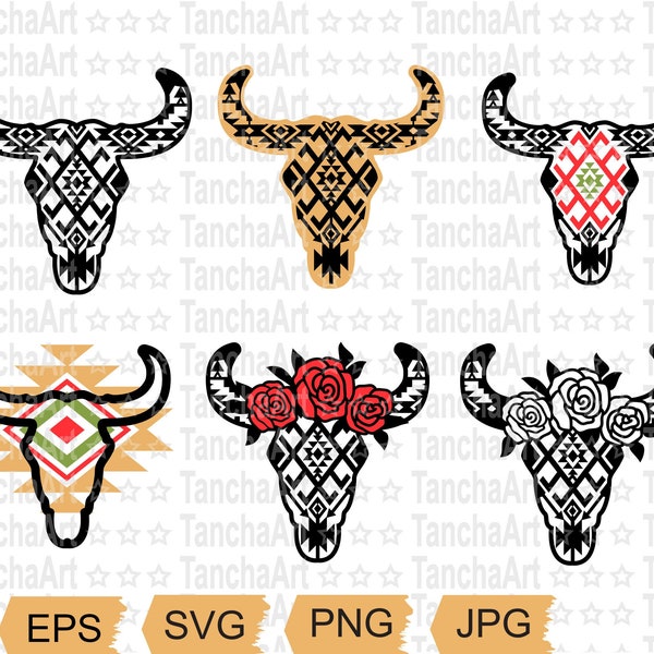 Cow Skull Aztec pattern SVG, Cow skull Bundle Print Art Cut file for Cricut, Western svg, Aztec Design Bull skull silhouette Digital file