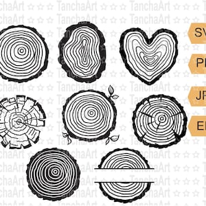 Anillos de árbol SVG Archivos de corte para Cricut Bundle Clip Art Textura de madera Anillos de losa de árbol Imprimible Vector Madera Monograma Xilografía SVG PNG