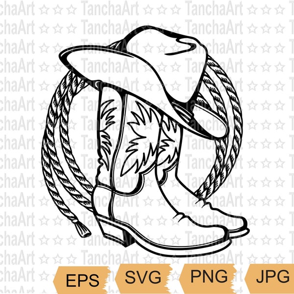 Botas de vaquero Imprimir Arte SVG Sombrero de vaquero Rodeo Lasso Botas occidentales svg Botas de vaquera Zapatos occidentales PNG JPG Mi primer archivo Rodeo Digital