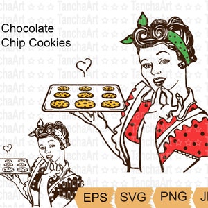 Casalinga Retro Cooking SVG Pepita di cioccolato Pin Up Woman Cookie SVG File di taglio stampabile per Cricut PNG Pin Up Housewife File digitale Stampa