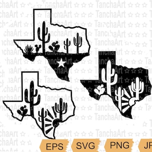 Paquete de svg de Texas Archivo de corte de cactus de Texas para Cricut Mapa de Texas Contorno imprimible Silueta del estado de Texas Cactus Descarga instantánea SVG, PNG, JPG