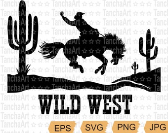 Cowboy SVG Cowboy Horse Silhouette Wild West SVG Print Art Vector Rodeo Horse Texas Western Cactuses Desert Cut file Cricut Instant Download
