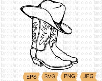 Impression art vecteur bottes de cowboy SVG chapeau de cowboy PNG bottes western svg fichier imprimable svg pour chemise bottes de cow-girl du Far West téléchargement immédiat