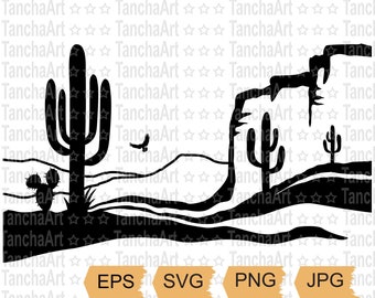 Paysage désertique SVG Cactus du désert de l'Arizona SVG PNG Silhouette désert Clipart imprimable vecteur Cricut désert américain téléchargement numérique