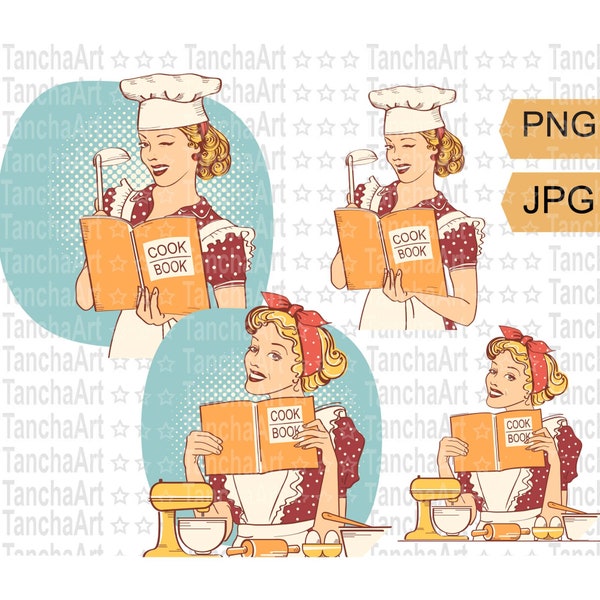 Retro woman cooking PNG Pin Up Woman Printable Cut file PNG JPG Pin Up Housewife winking Woman Chef Cooking Digital file for Sublimation