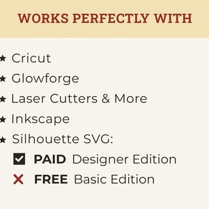 May include: Cream-colored graphic with the text "WORKS PERFECTLY WITH" and a list of compatible software and hardware, including Cricut, Glowforge, and Inkscape. It also specifies compatibility with Silhouette SVG, Paid Designer Edition.