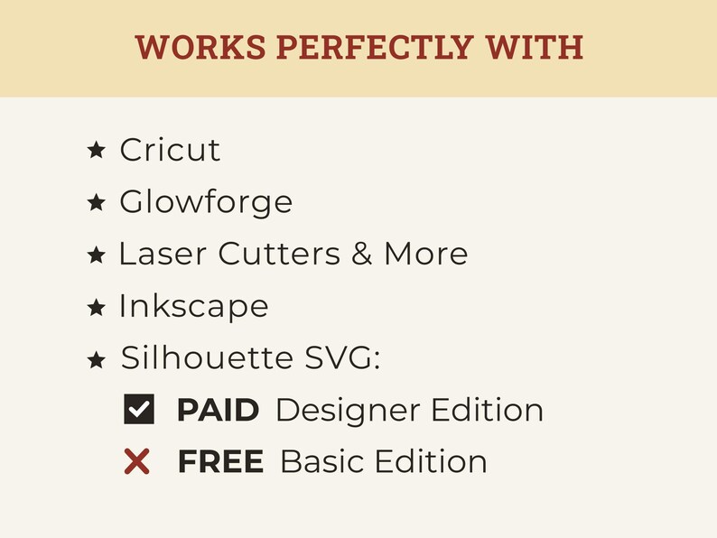 May include: Cream-colored graphic with the text "WORKS PERFECTLY WITH" and a list of compatible software and hardware, including Cricut, Glowforge, and Inkscape. It also specifies compatibility with Silhouette SVG, Paid Designer Edition.