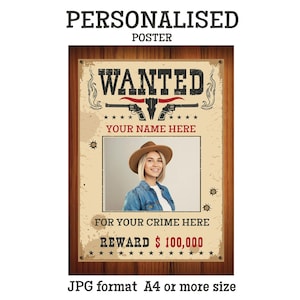 Personalized Cowboy Wanted Poster JPG, PNG A4 format 8,5x11 inch for Print or Design, Custom Order ready in 2 days, Vertical Wanted Poster