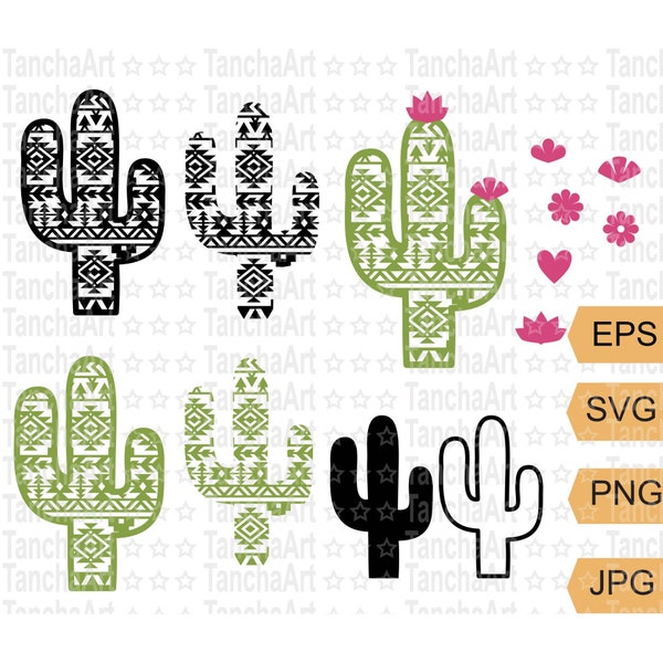 Cactus Aztec pattern SVG Bundle Instant download, Cut file for Cricut Cactus Shirt Design PNG, Succulent svg, Green Cactus vector clip art