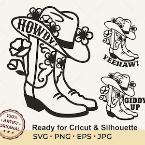 Cowgirl Boots with Flowers Cut File Howdy Yeehaw Giddy Up SVG Western Boho Shirt Design for Cricut Floral Cowboy Boots Bundle Laser Cut