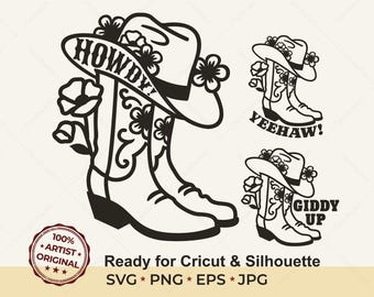 Cowgirl Boots with Flowers Cut File Howdy Yeehaw Giddy Up SVG Western Boho Shirt Design for Cricut Floral Cowboy Boots Bundle Laser Cut