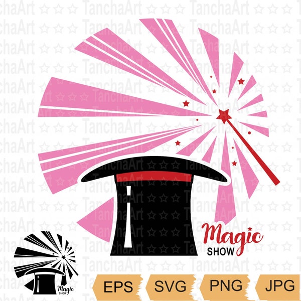 Magic Trick SVG Magician Wand and Hat Cut file Graphic Design Magical Stick Silhouette SVG Illusion and Sorcery Magician tshirt Design SVG