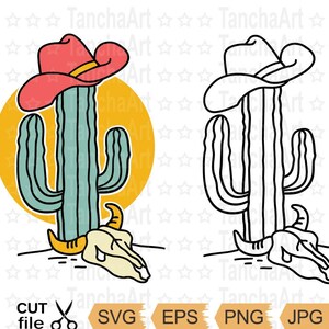 Cactus du Far West Chapeau de cowboy SVG Fichier de coupe imprimable Chapeau de cowboy Cactus Désert SVG Style campagnard occidental des cliparts Téléchargement instantané Décoration champêtre