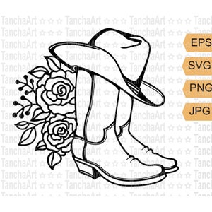 Bottes de cowboy SVG Cowgirl svg décoration de botte de cowboy fleurs chapeau de cowboy SVG PNG mariage champêtre fichier coupe fichier imprimable numérique pour Cricut