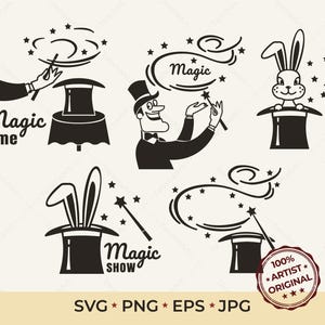 Sztuczka magiczna SVG Magiczny kapelusz i królik SVG Plik do cięcia Magiczna sylwetka pałeczki Cięcie SVG Iluzja Clipart Do druku Plik cyfrowy