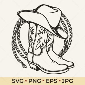 Könnte beinhalten: Schwarz-weiße Illustration von Cowboy-Stiefeln, einem Hut und einem Seil. Die Stiefel haben dekorative Nähte. Der Hut liegt auf den Stiefeln, und das Seil umgibt sie. Der Text "SVG * PNG * EPS * JPG" ist enthalten.