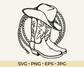 May include: A monochrome illustration featuring cowboy boots, a hat, and a rope. The boots have decorative stitching. The hat rests on the boots, and the rope encircles them. The image includes the text "SVG * PNG * EPS * JPG".