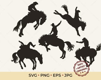 Rodeo Cowboy SVG Bündel | Strampelnde Bronco Silhouette | Western Pferd Clipart | Texas Ranch Vektorgrafik | Wilder Westen Schneidedatei für Cricut SVG PNG