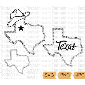 Paquete SVG de Texas Marco de cuerda de Texas Archivo de corte de sombrero de vaquero de Texas para Cricut Esquema imprimible Silueta del estado de Texas Descarga instantánea SVG PNG