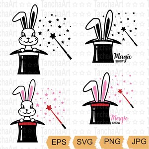 Truco de magia SVG Sombrero mágico y conejo SVG Archivo de corte Palo mágico Silueta de corte SVG Ilusión Clipart Archivo digital imprimible