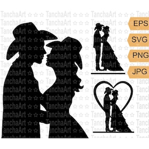 カウボーイウェディングケーキトッパー SVG カウボーイラバー SVG カットファイル カントリーウェディング花嫁と花婿プリントアート PNG カウボーイカップルのシルエットバンドル