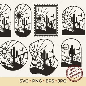 Pacote de imagens SVG com cena do deserto | Clipart de cacto com crânio de touro | Selo postal com arco boho | Arquivo de corte para patch de couro estilo faroeste para Cricut e Glowforge (PNG, SVG)