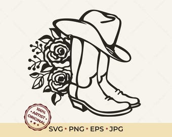 Cowgirl Boots and Hat SVG | Floral Western Clipart | Country Rose Boot Cut File | Boho Rodeo Vector for Cricut Glowforge | Shirt Design