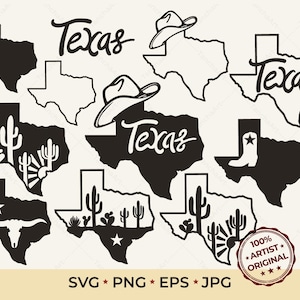 Texas Silhouette SVG Bundle / Western Desert Map Clipart / Longhorn Skull Cowboy Hat / Laser Cut File for Glowforge Cricut / Cowboy Boot SVG